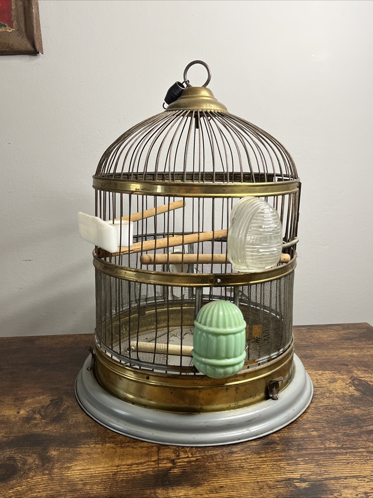 Vintage Hendryx Bird Cage Hanging Dome Style Jadeite And Milk Glass Feed/Water