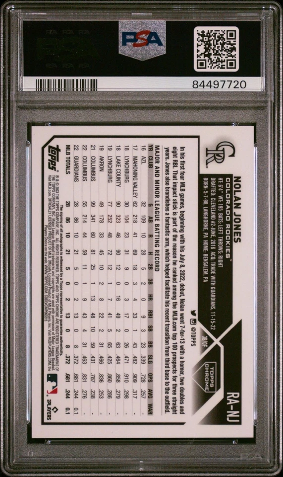 2023 Topps Chrome Rookie Auto #RA-NJ Nolan Jones Blue RayWave Refractor - PSA 10 - Image 2 of 2
