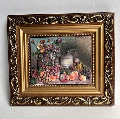Vintage 3D Früchte Blumen Stillleben Wandbild Landhaus Küche Dekor Rahmen Plakette