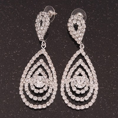 Versilberte klare Swarovski Kristall Tropfen Ohrringe - 7 cm Länge