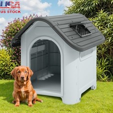 Weatherproof Plastic Dog House W/ Skylight Elevated Base Indoor Outdoor New