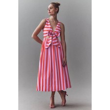 BHLDN Pink Red Striped Bow Front Cutout Midi Dress Womens Medium NWT $248 MSRP