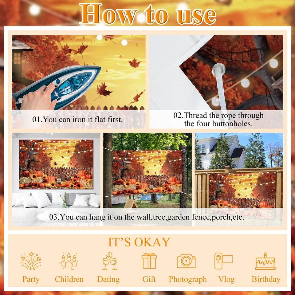 Fall Banner 10x8ft Polyester Harvest Hay Farm Pumpkin Patch Backdrop Sunflowe... - Image 3 of 4