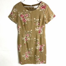 Vintage 90s Linen Rayon Floral Roses Sheath Dress Womens Size 12 Short Sleeve