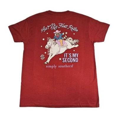 New Simply Southern Large Red Aint My First Rodeo Short sleeve Raccoon Cowgirl