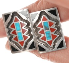 50's-60's Zuni Flush inlay Sterling Turquoise, Coral, and Jet modernist cufflin