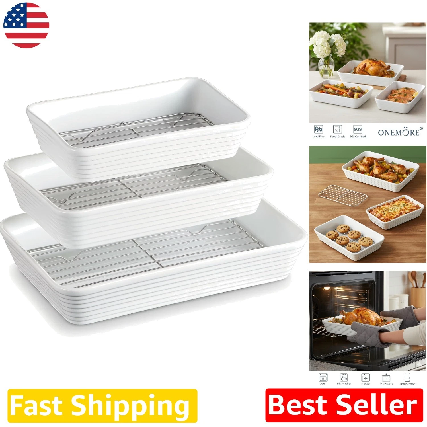Deep Dish Ceramic Baking Pans Set 3pc Oven Safe Roasting Racks Included