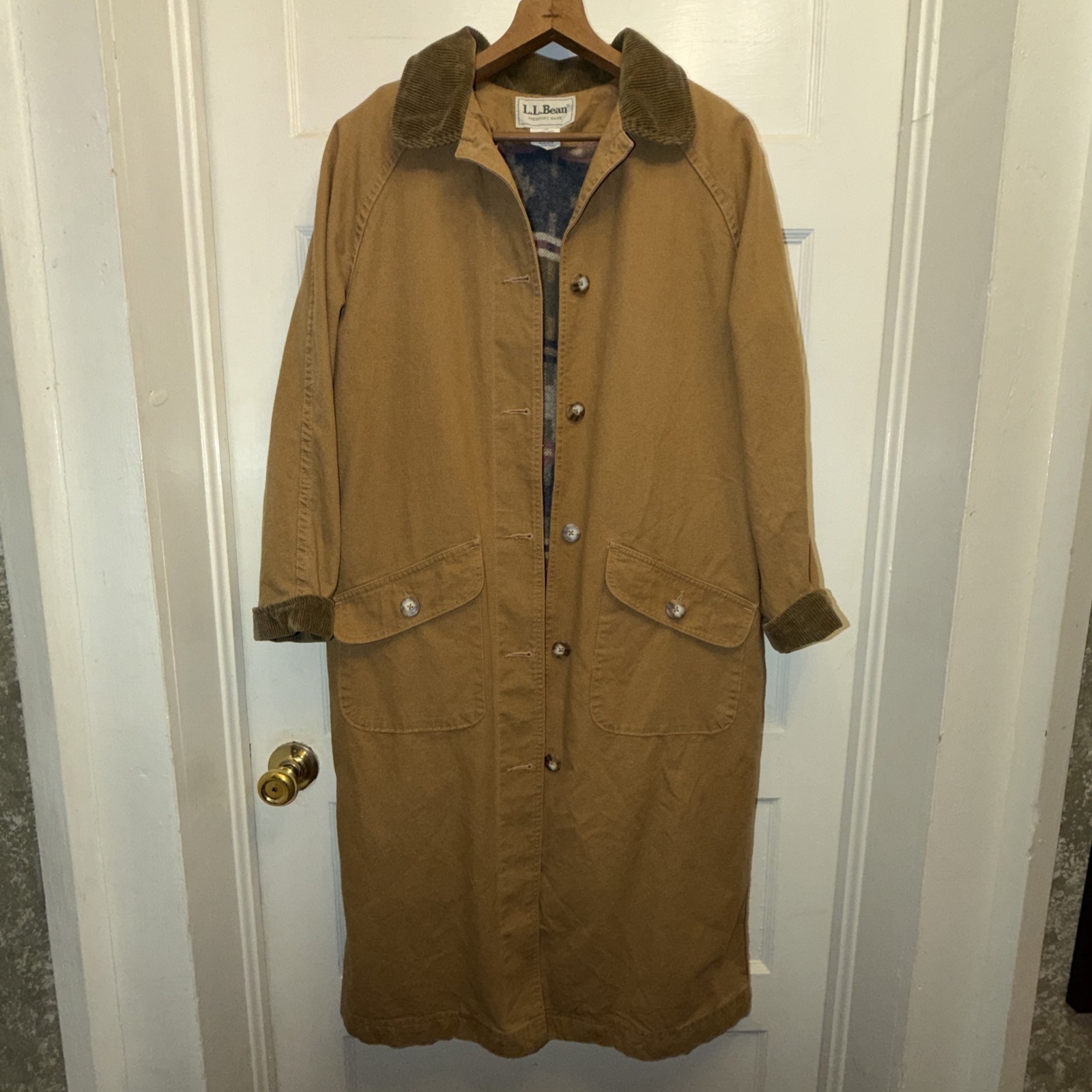 Vtg LL Bean Aztec Trench Coat USA WOOL Blanket Lined Women's Medium Petite