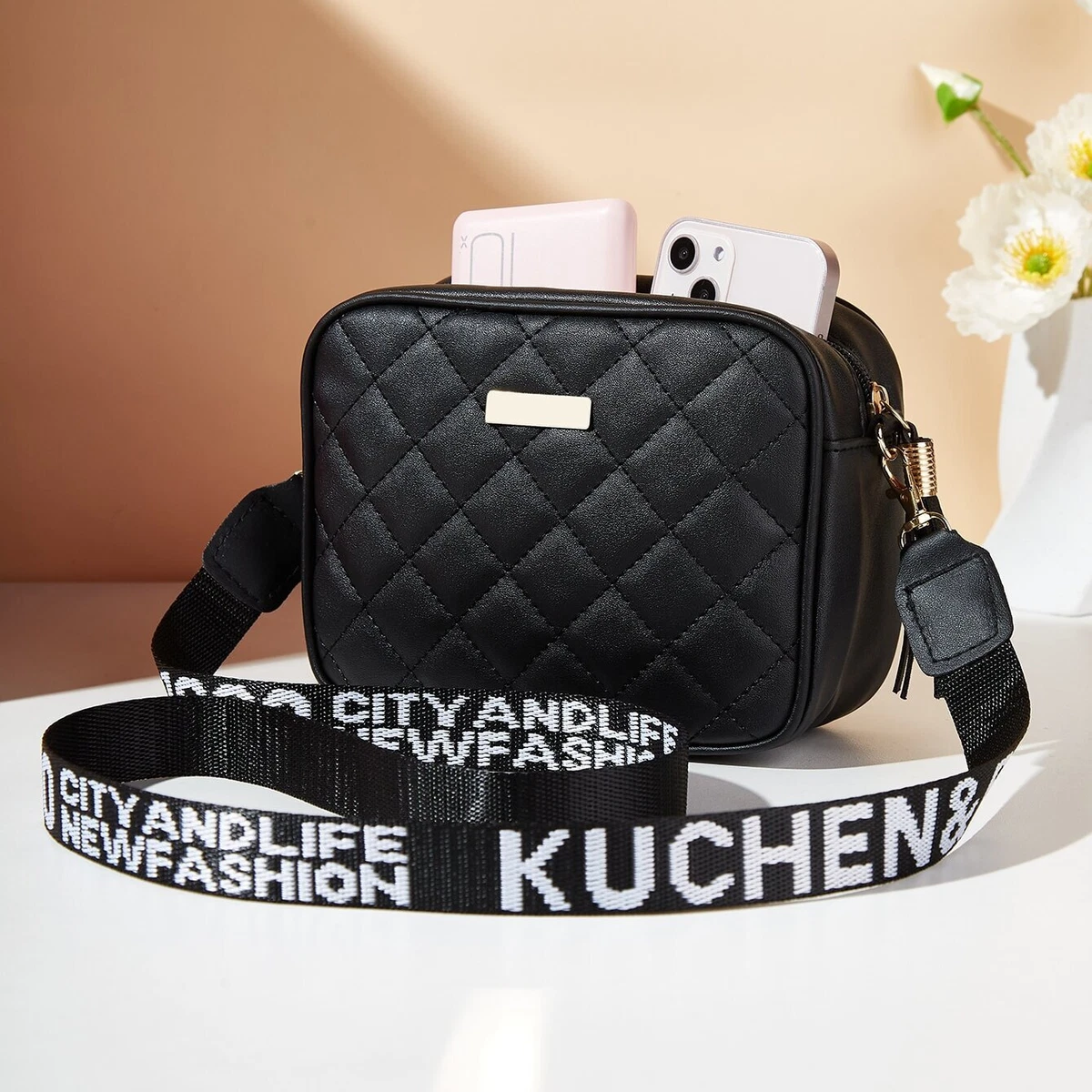 Womens Mini Letter Graphic Tassel & Metal Decor Quilted Square Bag Womens Mini Letter Graphic Tassel & Metal Decor Quilted Square Bag