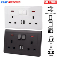 Double Wall Plug Socket 2 Gang 13A w/ 2 Charger USB Ports Outlets Flat Plate UK