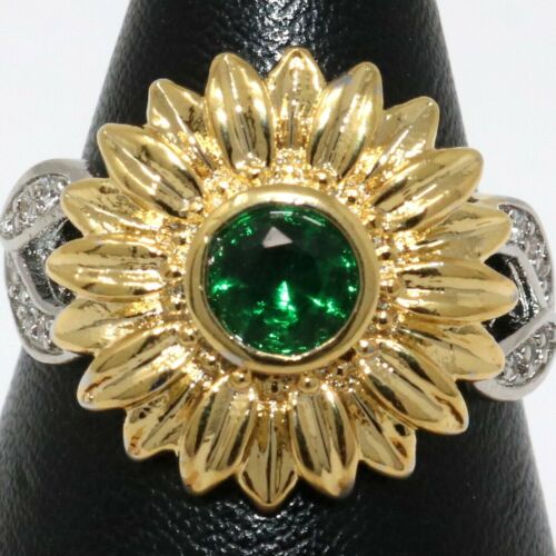 Blumen Ring Mit Smaragd Solitaire Engagement Versprechen Gelb Vergoldet Silber - Bild 1 von 3
