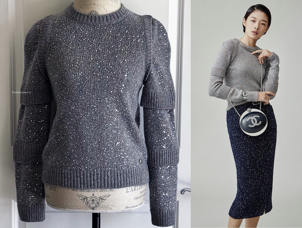 CHANEL ニット 17A RUNWAY CHANEL GREY BLUE CRYSTAL CASHMERE CC PULLOVER SWEATER