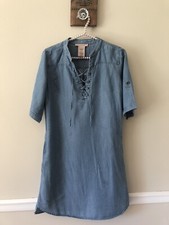 Philosophy Womens Size Small Chambray Shirt Dress Blue Short Roll Tab Sleeves
