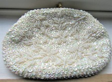 VINTAGE WHITE BEADED SEQUNED EVENING BAG HAND MADE IN HONG KONG PERFECT