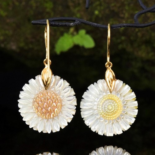 Flower Earrings Mother-of-Pearl & Vermeil Gold-plating on Sterling Silver 4.86 g - Picture 3 of 12