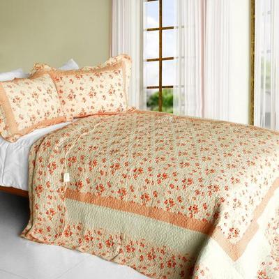 3 PC Les Coristes peach orange beige floral country 100%Cotton Queen Quilt Shams