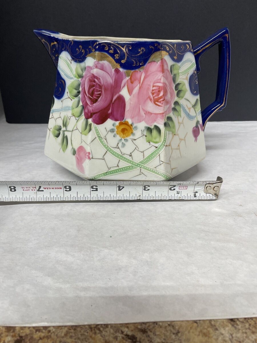 TE-OH BRAND, CHINA, NIPPON, HAND-PAINTED ROSES, COBALT and GOLD LEMONADE PITCHER TE-OH BRAND, CHINA, NIPPON, HAND-PAINTED ROSES, COBALT and GOLD LEMONADE PITCHER