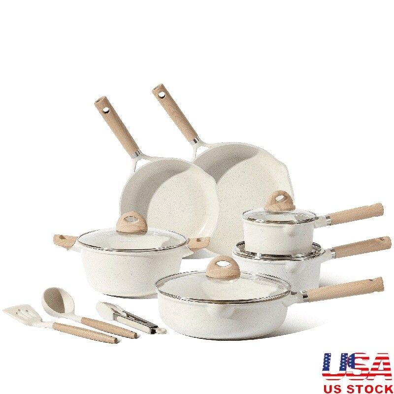 Nonstick Induction Cookware Set 13pcs White Granite Pots Pans Easy Clean White