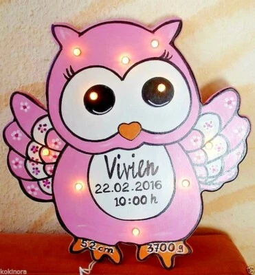 HANDGEFERTIGT EULEN SCHLUMMERLICHT Süßes Geschenk EULE GEBURT TAUFE HOLZ NAMEN handmade LAMPE