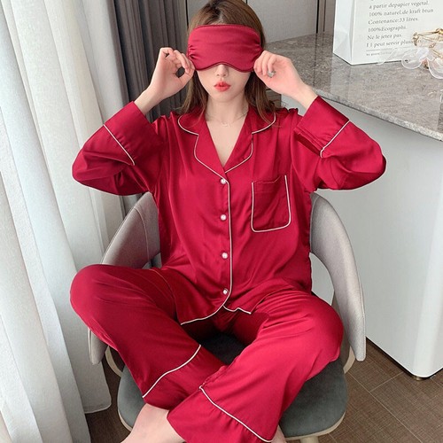 Casual Womens Faux Silk Sleepwear Pajamas Sets Tops Pants Nightwear Pyjamas Suit