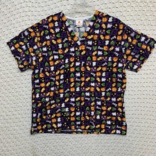 Peaches Scrub Top Women Sz M Multicolor Halloween Ghost Pumpkin V Neck Medical