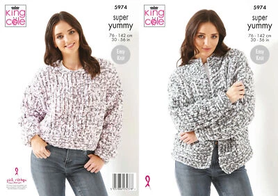 Easy Knit Knitting Pattern Womens Jumper Cardigan King Cole Super Yummy 5974