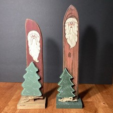 Vintage Wood Carved Tall Santa Claus Figurine Set Of 2 Rustic Primative 15 17