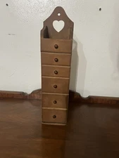 VTG Apothecary Shelf Wood Heart Cutout 6 Drawer 16” Wall Mount Free Standing