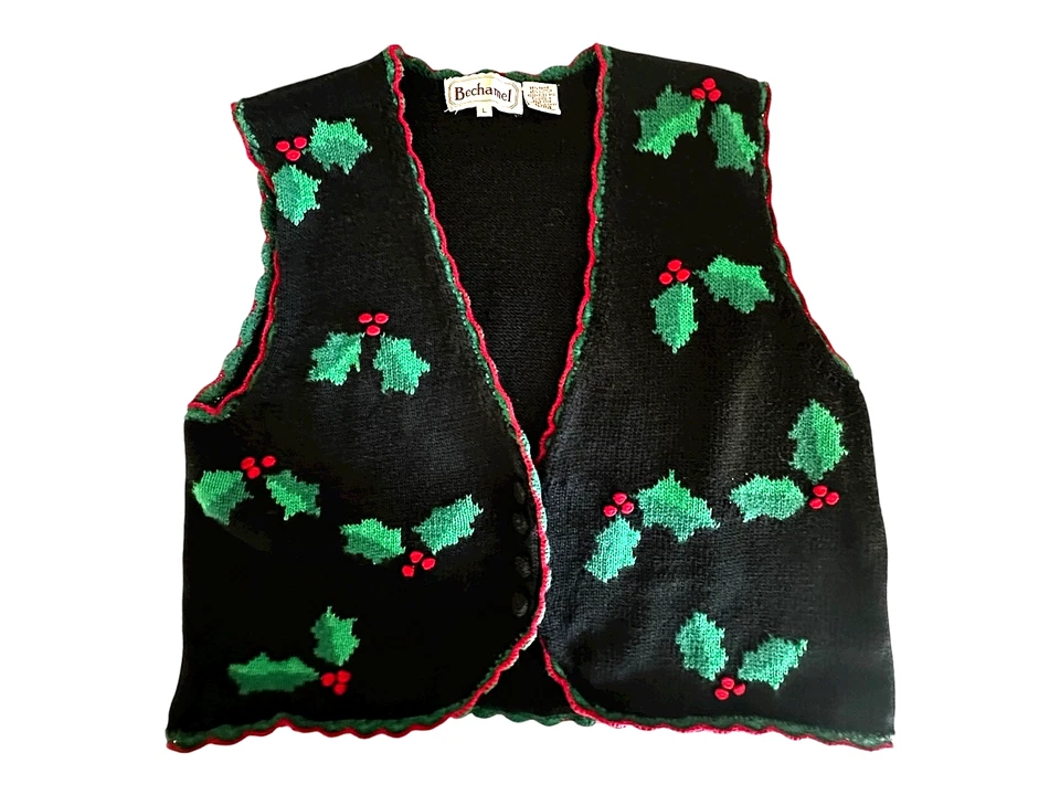 Винтажный 90-х Bechamel Рождественский жилет женщин L черный Holly листья ягоды вязаный топ - Изображение 2 из 4