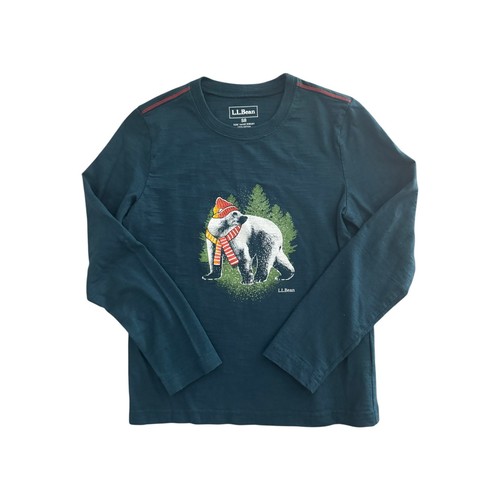 LL Bean Kids Long Sleeve Graphic Tee Polar Bear Winter Holiday Shirt Teal S 8