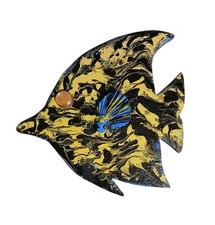 Unique Yellow & Black Handcrafted Fish Painted Wood Hanging Wall Decor Art