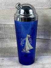 Vintage Hazel Atlas Sailboat Cobalt Blue Glass Cocktail Shaker (A)