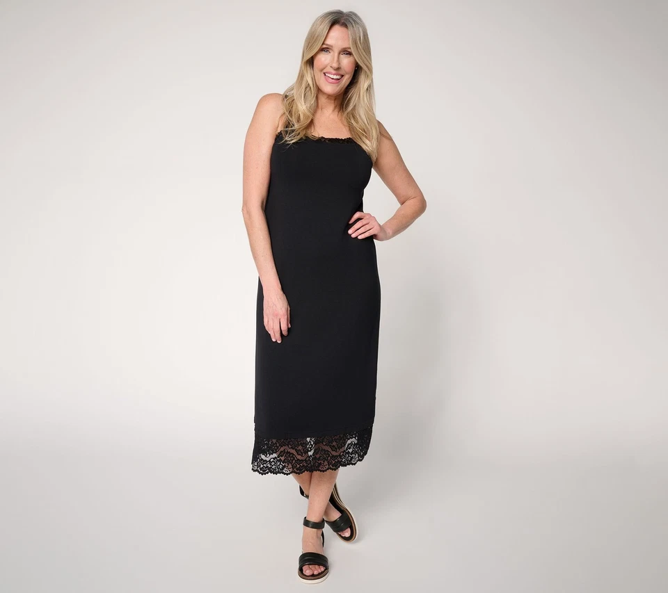 LOGO by Lori Goldstein Layers Regular Cami Dress with Lace Trim Black XXS New - Image 1 of 1