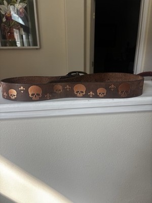 RARE DILLON Rogers Distressed Brown Leather  Fleur De Lis Metallic Skulls 36