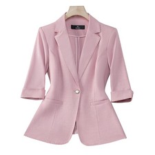 Women Light Pink 3/4 Sleeve Blazer Jacket Notch Lapel One Button Slim Fit Blazer