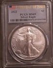 2022 $1 American Silver Eagle 1oz Silver PCGS MS69 First Day of Issue FDOI