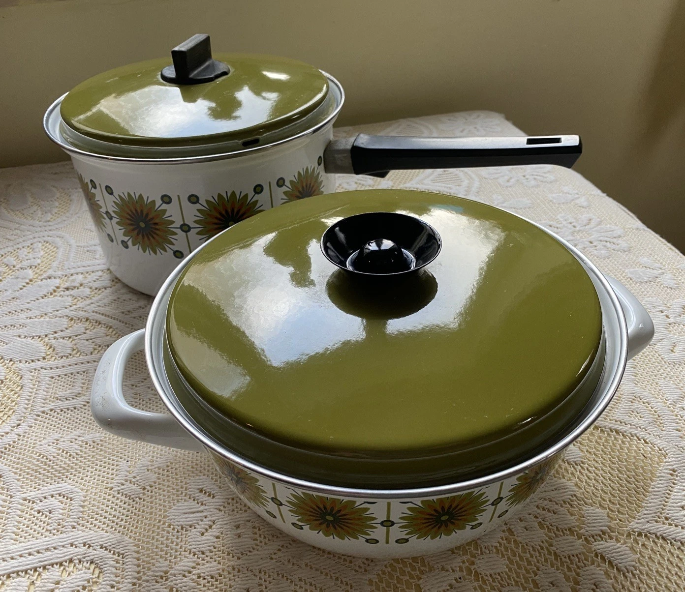 2x Austria Email Enamel Starburst Green Casserole Pot Dish Stockpot Vintage.