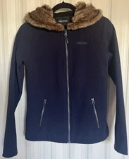 MARMOT Furlong Soft Shell Fleece Lined Navy Faux Fur Hood Zip Coat Jacket NWOT