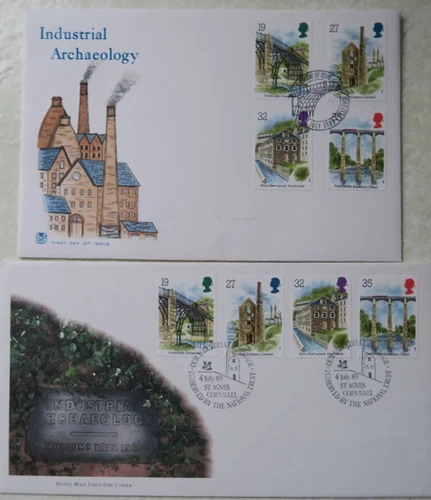 2 x 1989 ROYAL MAIL & STUART FDCs-INDUST. ARCHAEOLOGY STAMPS -ST AGNES & TELFORD
