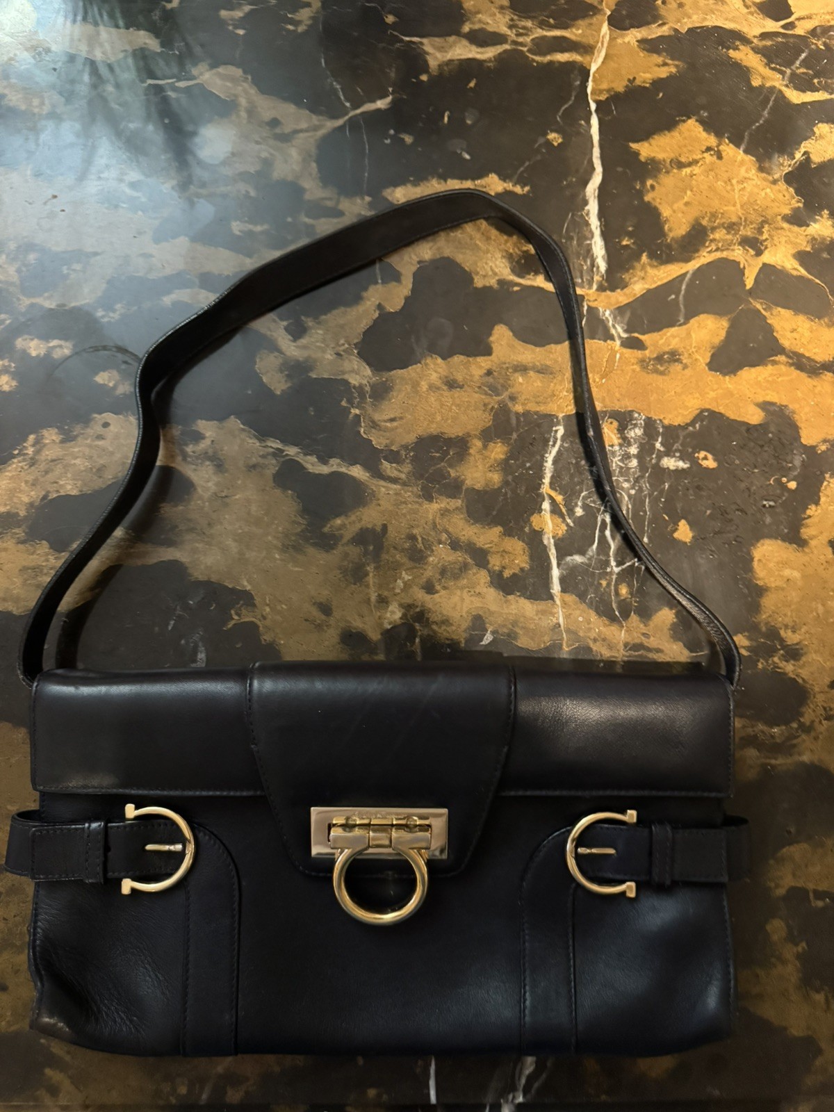 Salvatore Ferragamo Gancini Shoulder Bag In Dark Blue Leather