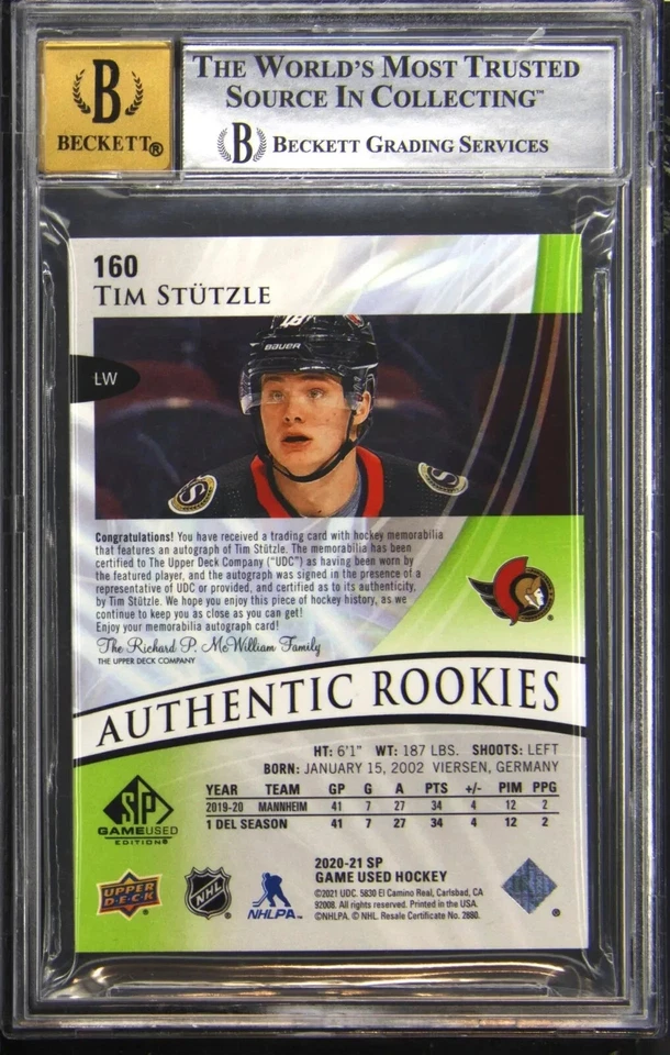2020-21 SP Game Used Rookie Tag Auto #160 Tim Stutzle RC 2/3 BGS 7 Auto 10 - Image 2 of 2