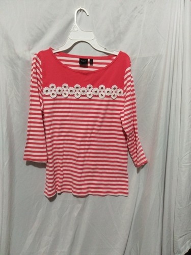 Women's Rafaella Colorful Orange White Stripe Floral 3/4 Sleeve Blouse Sz Large