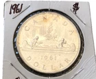 1961 CANADA - $1 DOLLAR - VOYAGEUR / ELIZABETH II - .800 SILVER - .6 Oz - AU