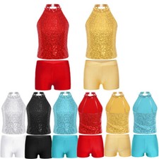 Kids Girls Outfit Jazz Suit Workout Dancewear Tops Costume Latin Set Sequin
