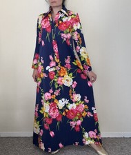 Vintage 70s Vibrant Flower Print Maxi Dress Hostess Dagger Collar Dress Op Art