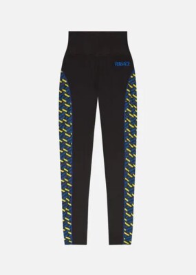 Versace Greca Signature Accent Gym Leggings Bottom Black Blue Print. Größe M 