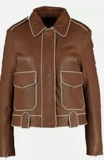 Each X Other Tan & White Pocket Trimmed Leather Jacket Size M Uk 10 Rrp £830.00