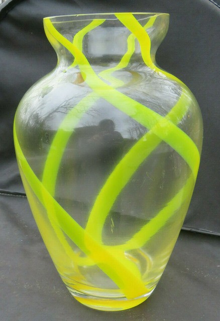 LRG GORGEOUS DESIGNS Clear Blown Glass Vase With Yellow Green Swirl 9 3 