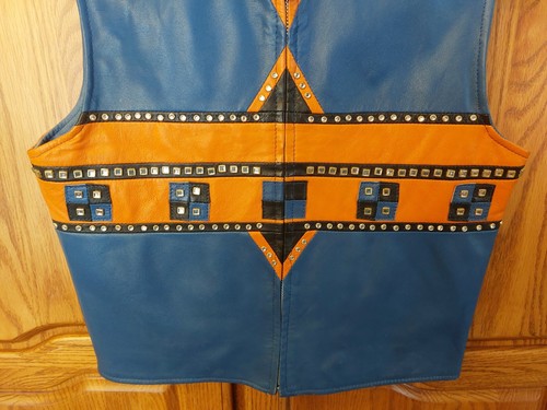 Valencia Blue & Orange Studded & Rhinestones Leather Vest w/Matching Cuffs, SM - Picture 4 of 9