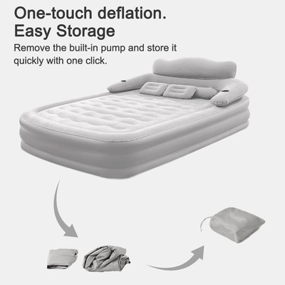Inflatable High Raised Double King Size Air Bed Mattress W/Pump Pillow Kit Grey